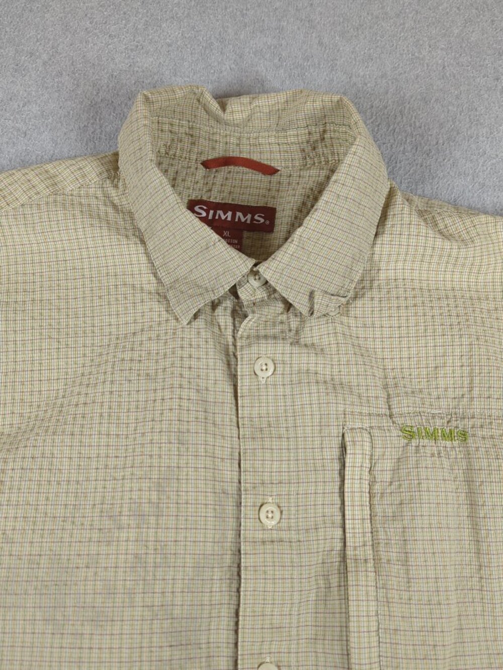 Simms Fishing Shirt Men's XL Short Sleeve Vented Seersucker Outdoor Hiking